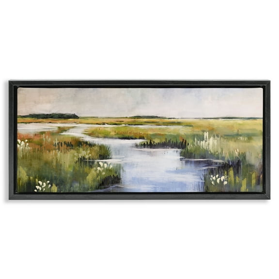 Stupell Industries River Through Marshlands Landscape & Nature Painting Black Floater Framed Canvas Art Print Wall Art, 25 x 11