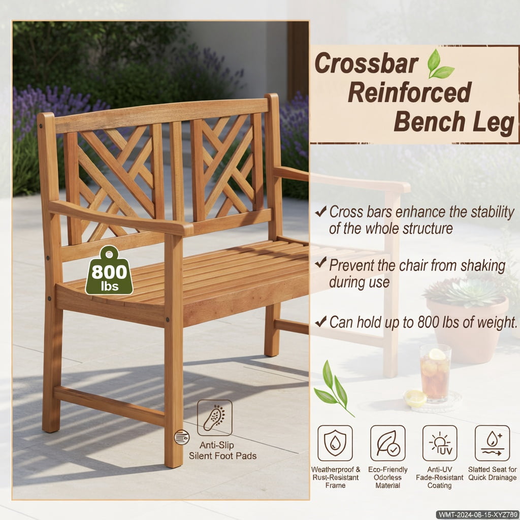 Hommoo Acacia Wood 2-Person Outdoor Bench with Ergonomic Armrests & Slatted Backrest, Garden Patio Bench for Backyard, Porch, Deck, Brown