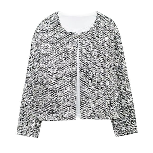 PMUYBHF 2025 Autumn Fashion Women's Street Style Sequin Boucle Jacket Unique Trendy Outerwear for Casual Wear L