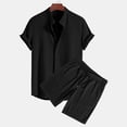 thumbnail image 4 of 2 PC Outfit Set for Men Collared Short Sleeve Button Down Shirt and Drawstring Shorts Casual Summer Ribbed Outfit Sets Black M, 4 of 8