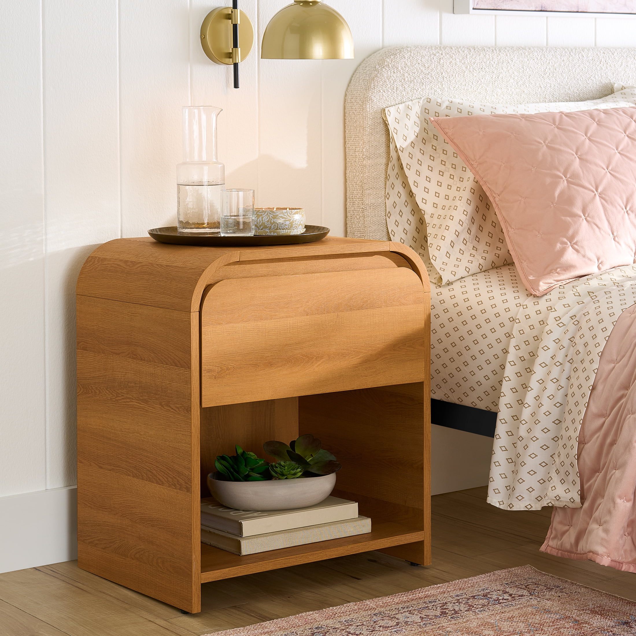 (2 pack) Better Homes & Gardens Juliet Nightstand with USB, Light Honey Finish