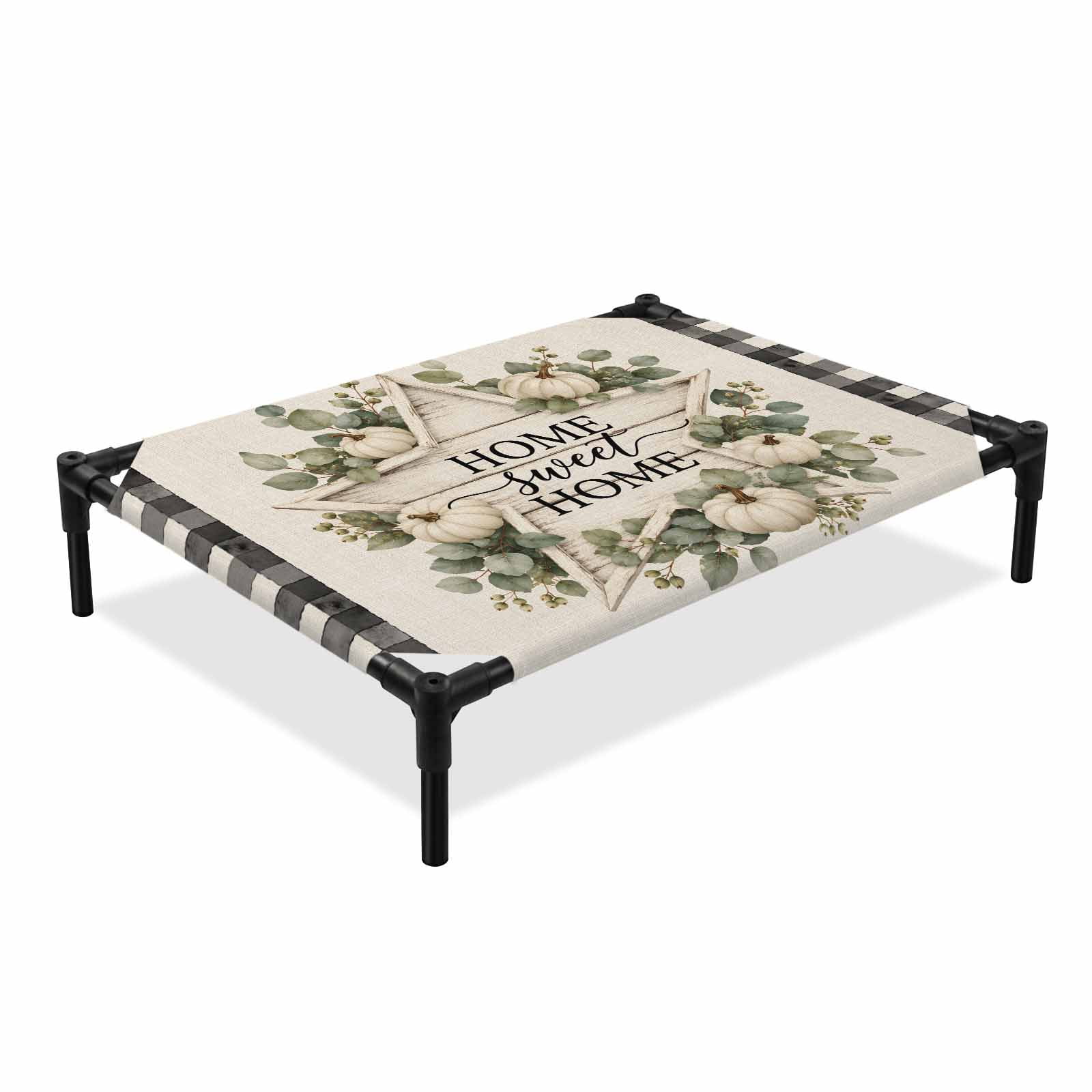 Sweet Home Elevated Dog Bed, Thanksgiving Wooden Star White Pumpkin Leaf Linen Texture Cooling Breathable Outdoor Raised Dog Cot Bed with Metal Frame Non-Slip Feet for Medium Dog 24x20in