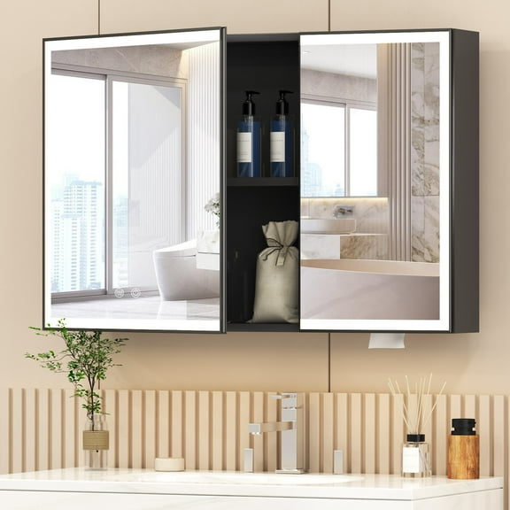 JBLCC LED Medicine Cabinet with Mirror, Wall-Mounted Bathroom Mirror Cabinet, Anti-Fog Touch Sensor Storage Organizer with 5 Shelves, 39.37"x23.62", Black