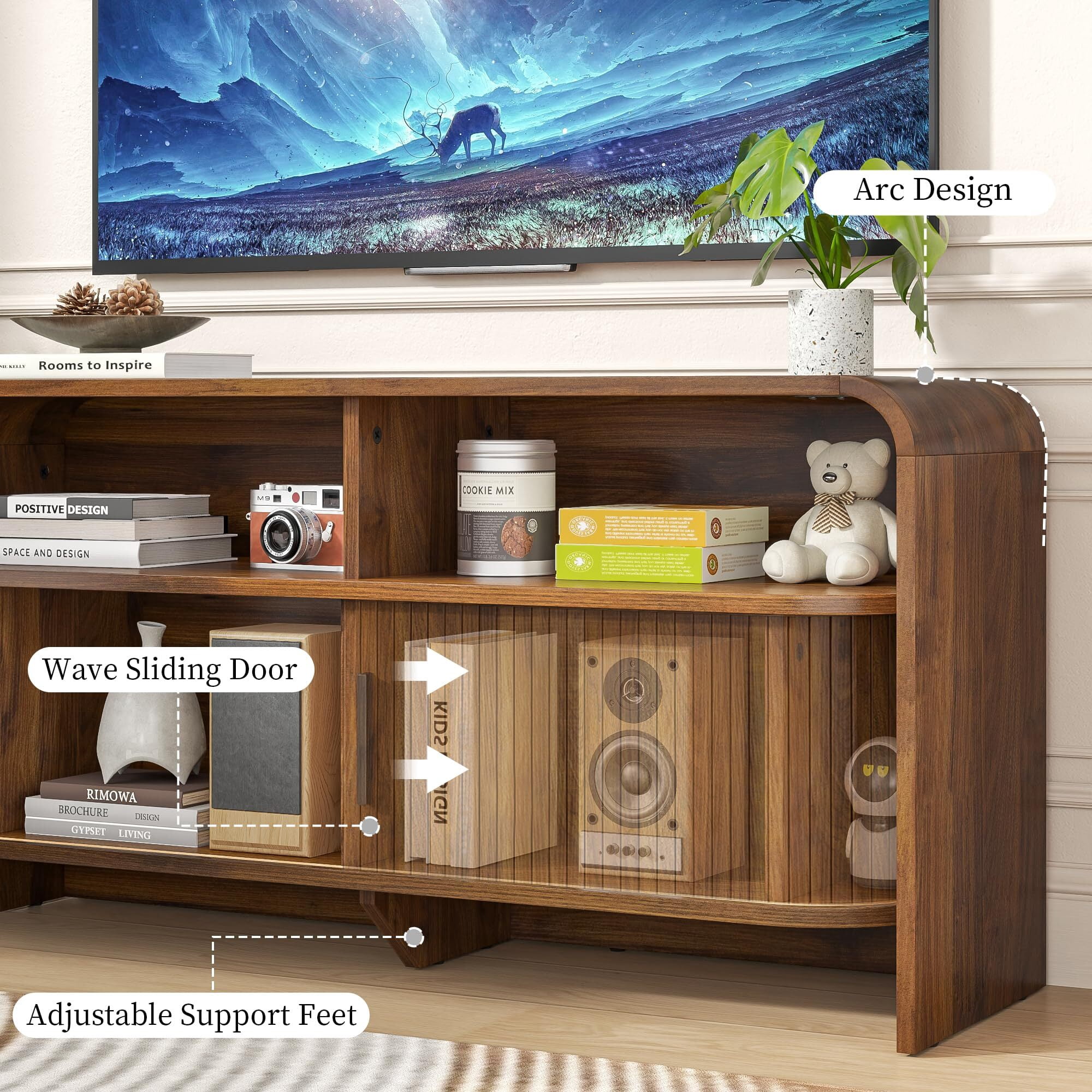 Mid-Century Modern TV Stand for 43 Inch TV, Fluted Wood Media Console with Sliding Doors, Walnut