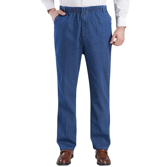 Gaexia Men's Jeans High Waist Stretch Denim Trousers Loose Fit Comfortable Elastic Waistband Casual Deep Crotch Design Durable Fashion Pants