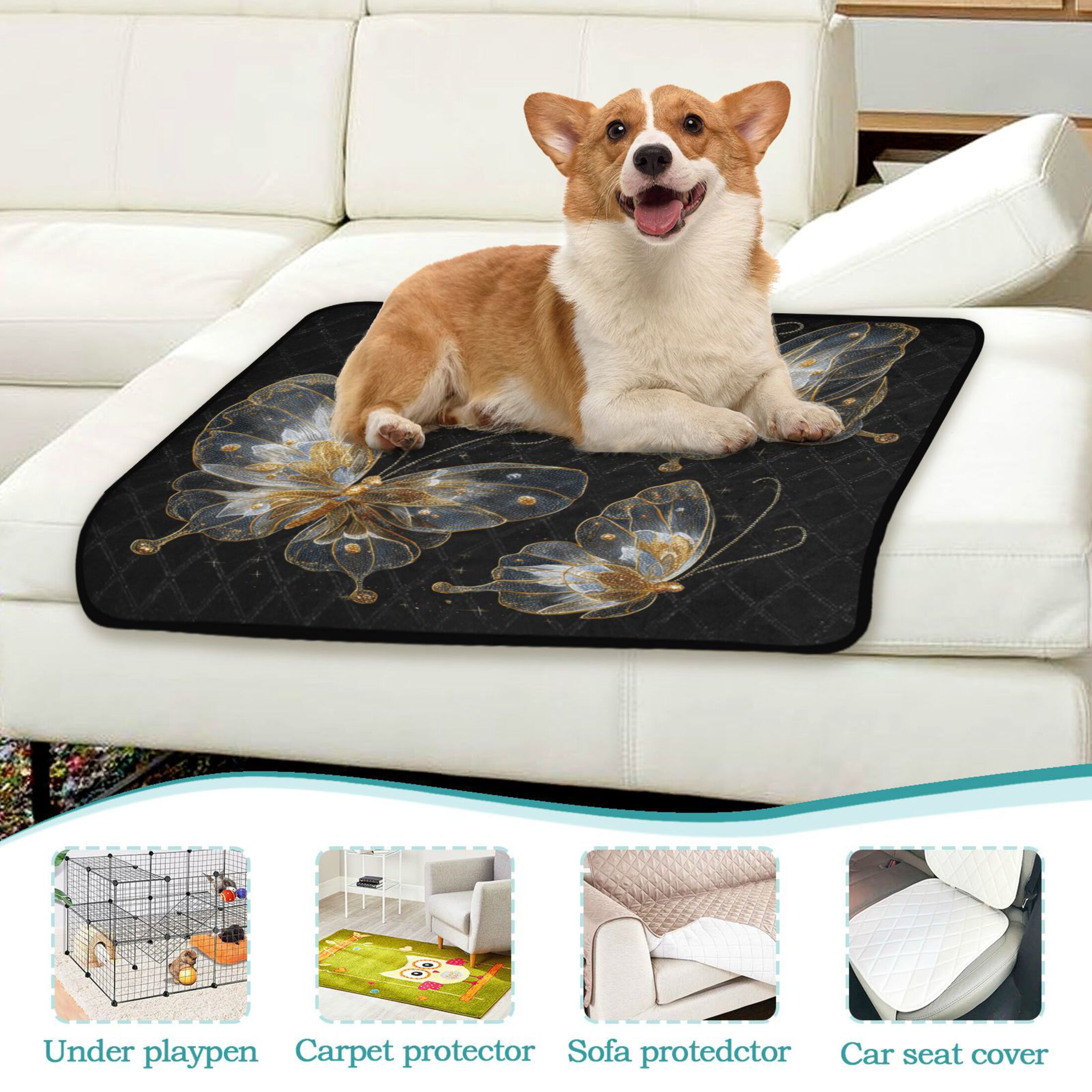 Qxltty Gold Transparent Butterfly Cat litter Pads Pet Set of 2 Diaper Mats Center Anti-leakage Layer Absorbent Soft and Comfortable