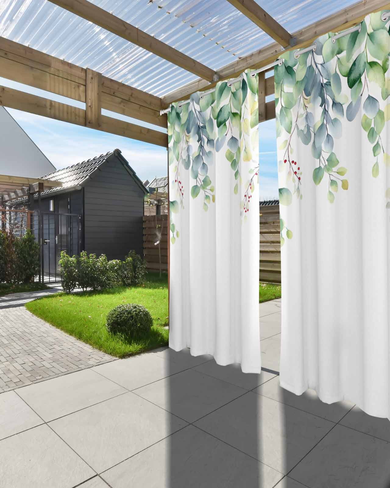 nqOlkjepod Outdoor Curtains for Patio Waterproof, Eucalyptus Outdoor Privacy Panels Grommet, Farm Leaves Boho Watercolor Leaves Spring Blackout Outside Curtains for Porch/Cabana 54"x84", 2 Panels