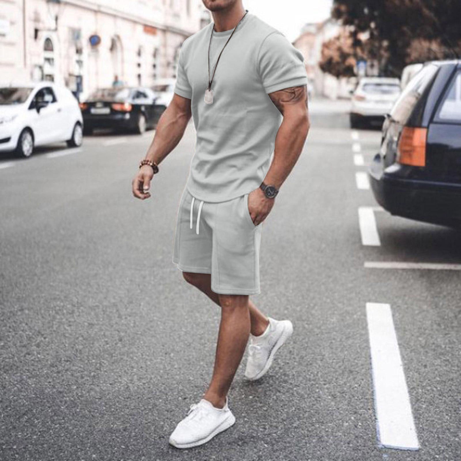 Youxiang Mens Shorts Casual for Summer Mens Summer 2-Piece Beach Short Sleeve Shirts \u0026 Shorts Pants Sets, Men's, Size: Large, Gray