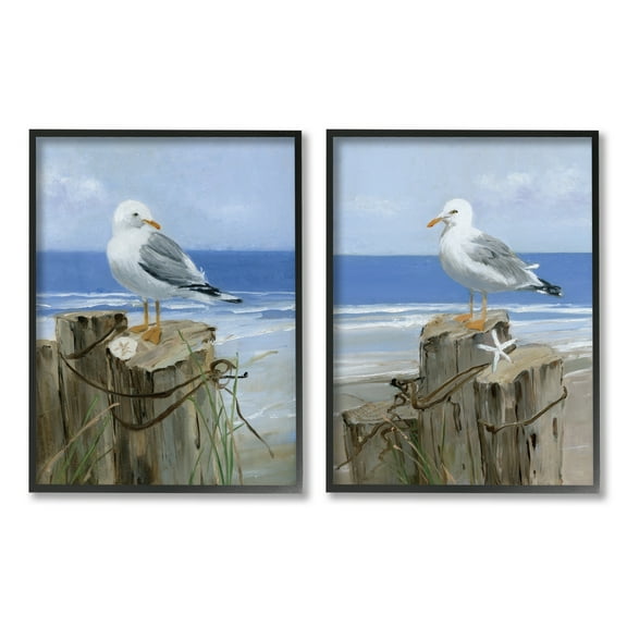Stupell Industries Seagulls Beach Shore Wooden Pillars Sanddollar Starfish Scene, 16 x 20, Design by Sally Swatland