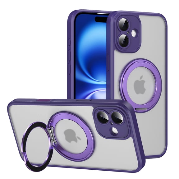 for iPhone 16 Case with Stand, Compatible with MagSafe, Translucent Back, Magnetic Ring Holder & Protective Bumpers, Non-Yellowing Case with Camera Control Capture Button - Purple