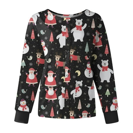 

jsaierl Scrub Jackets for Women Christmas Cardigan Button Down Snowman Graphic Long Sleeve Shirts Tops Nurse Work Uniform with Pockets