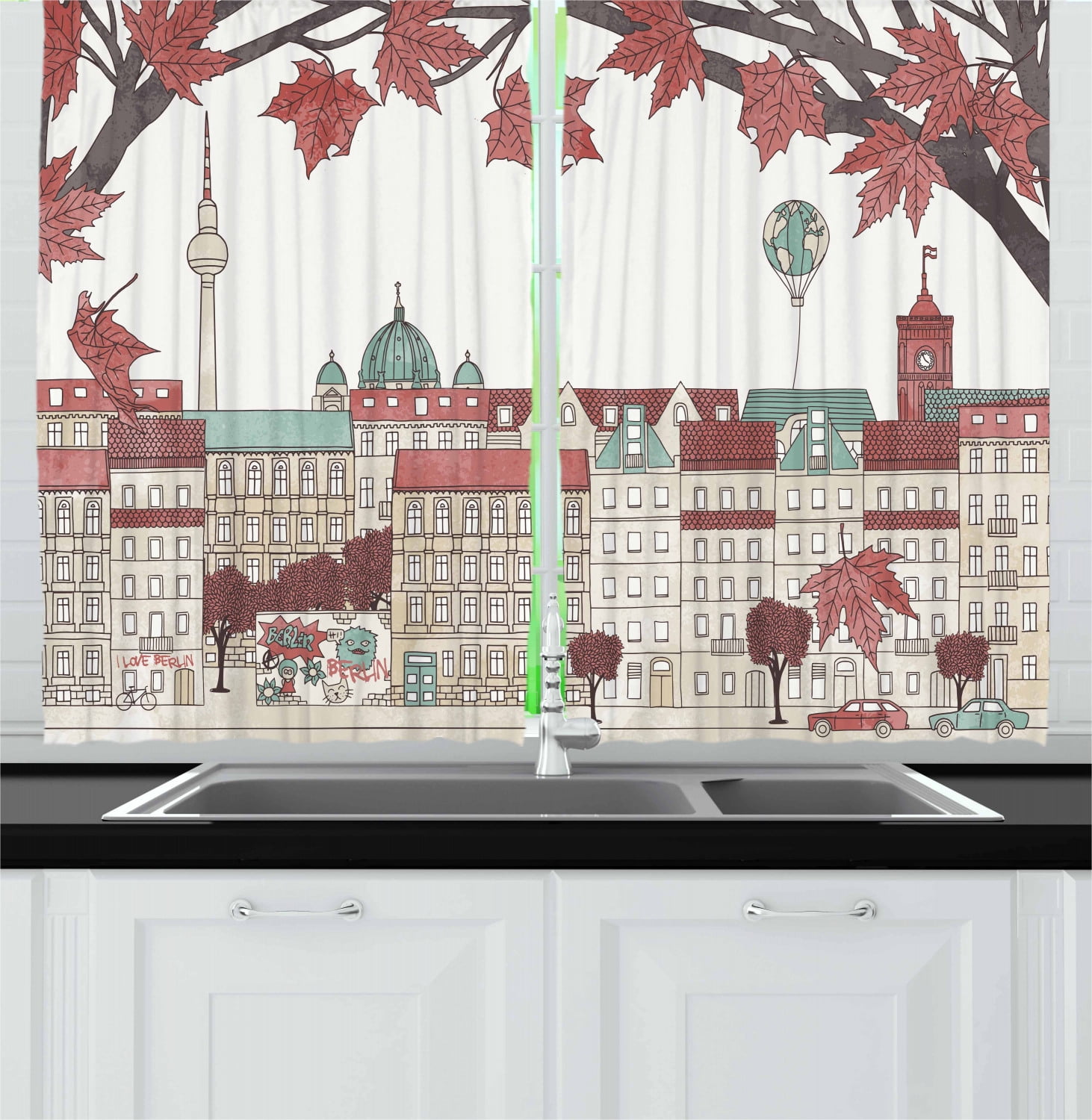 German Curtains 2 Panels Set, Autumn in Berlin Colorful Hand Drawn