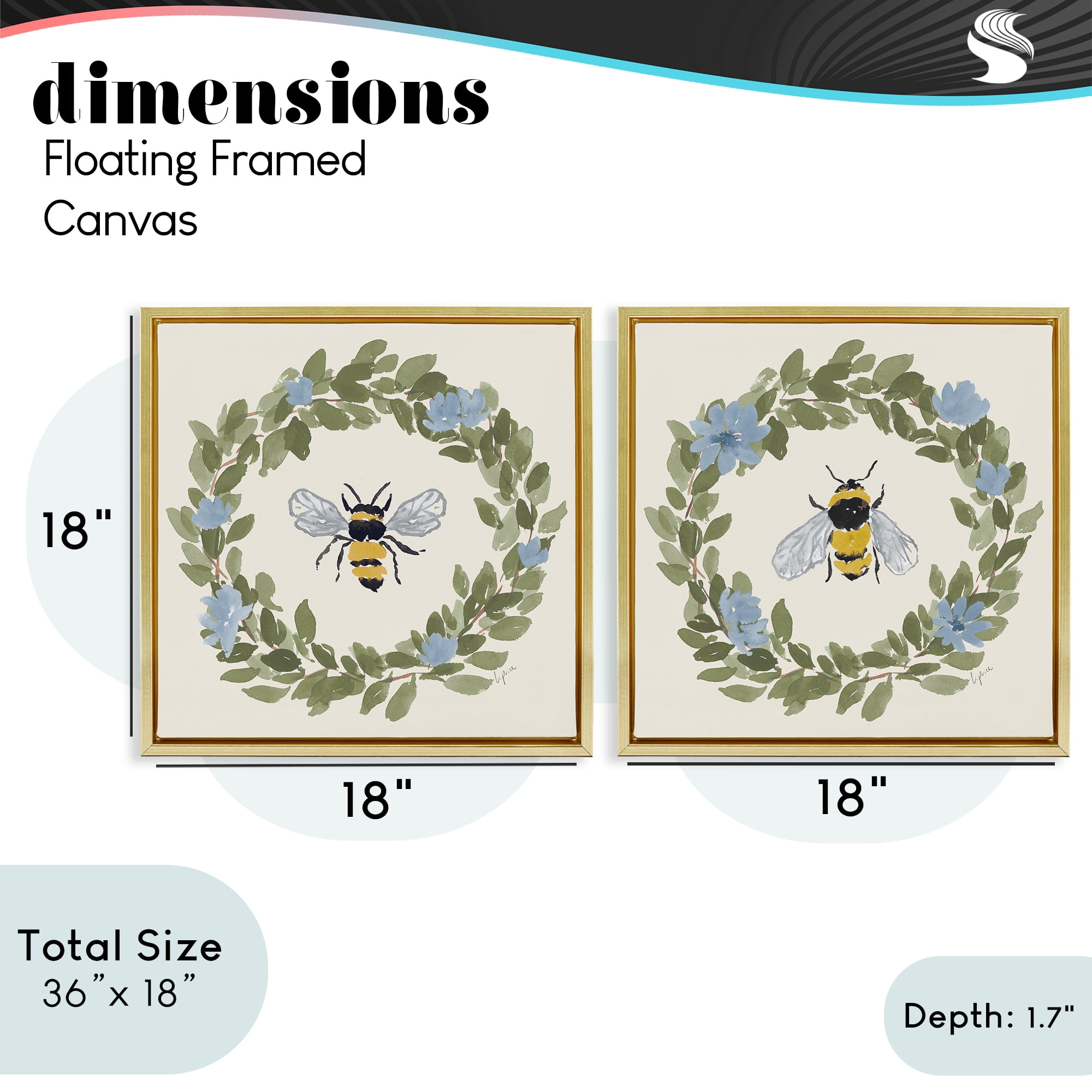Stupell Industries Bee Floral Celebrations 2 Piece Gold Framed Floater Canvas Set, design by Lucille Price