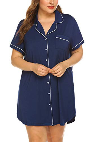 INVOLAND Womens Nightgowns Plus Size Pajama Dress Short Sleeve V Neck Button Down with Pocket Boyfriend Nightshirt 