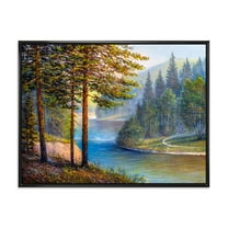 Designart 'Sunrise Glow Through The Pine & Fir Forest' Lake House Framed Canvas Wall Art Print
