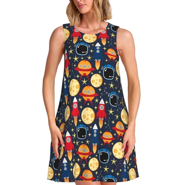 Fotbe Colorful Astronomy Vestido de Verano sin Mangas para Mujer – Vestido Midi Línea A, Estilo Camiseta Floral, Vestido Playero Casual y Fluido