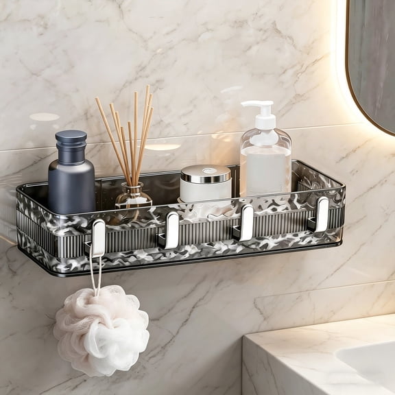 Rijanmt Wall Mounted Bathroom Storage Rack with 4 Hooks,Countertop Makeup Toiletry Organizer,No Drill,Floating Shelf Over Toilet,Floral Embossed,for Bedroom Decor Kitchen Storage,11"x5.1"x2.4",Gray