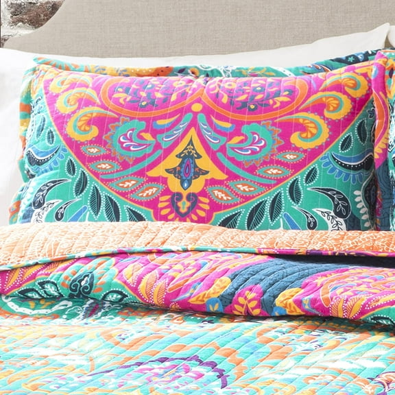 Boho Chic Reversible Cotton Quilt 3-Piece Set, Full/Queen, Turquoise & Navy - Bright Paisley Print, Vibrant & Colorful Bohemian Bedding Set