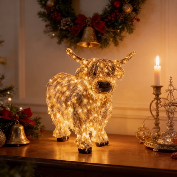Lighted Highland Cow Christmas Decor - Glowing Festive Ornament with LED Lights, Suitable for Indoor/Outdoor Use, Porch & Garden Decor, Durable Material