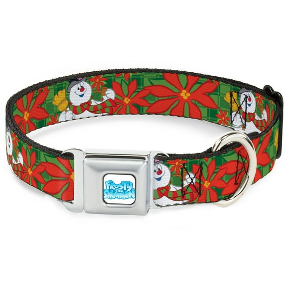 Warner Bros. Holiday Movies Pet Collar, Dog Collar Metal Seatbelt Buckle, Frosty the Snowman Pose Poinsettia Plaid Collage Greens Reds, 9.5 to 13 Inches 1.0 Inch Wide