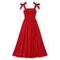 thumbnail image 2 of Flowy Chiffon Junior Bridesmaid Gown, Bow Tie Strap Ruched Square Neck High Slit Long Dress for Teen Wedding Ceremony Red 120, 2 of 6