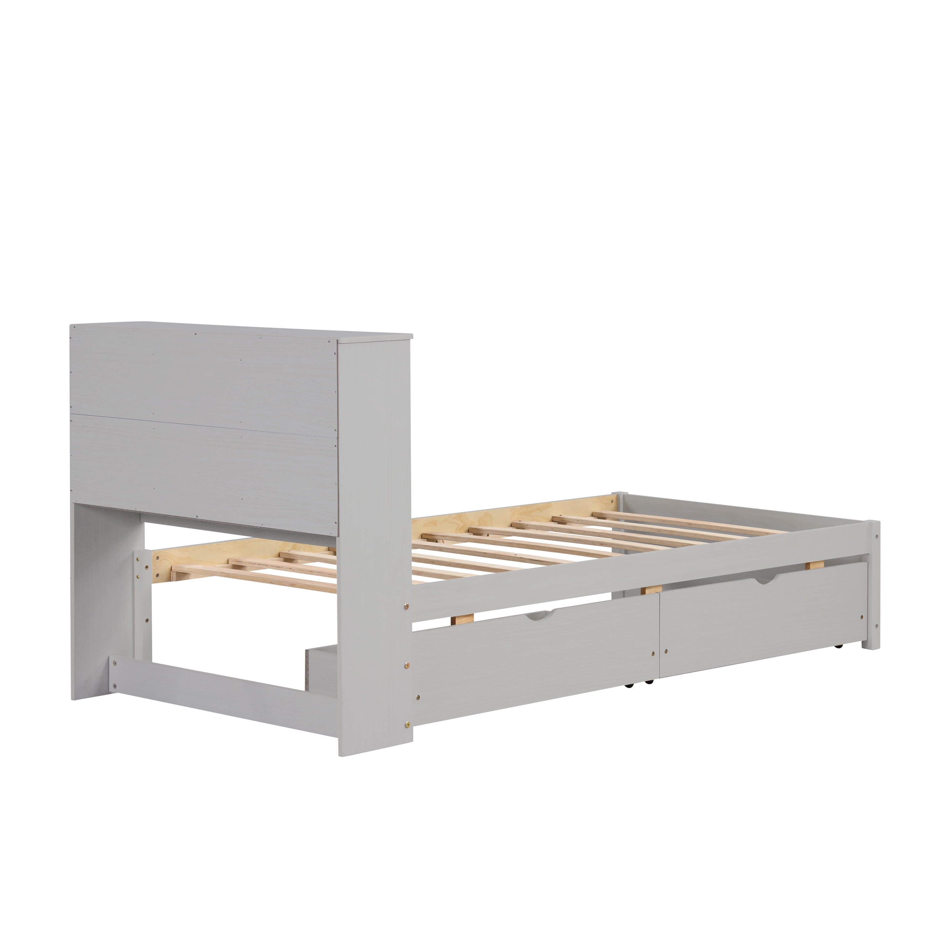 Miniyam Twin Size Bed with Built-in USB Port, Bookcase, Drawers for Kids and Teens, Gray