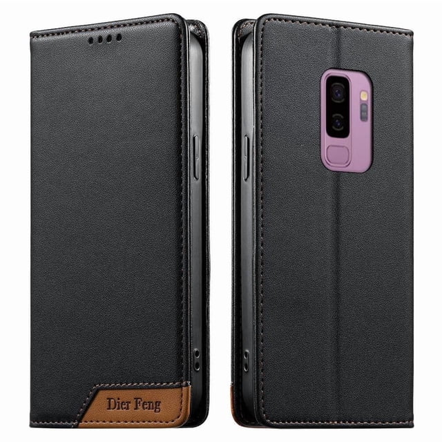 Funda Tipo Cartera de Cuero Sintético para Samsung Galaxy S9 Plus Bloqueo RFID, con Ranuras para Tarjetas y Bolsillo para Efectivo, Cierre Magnético Fuerte Negro