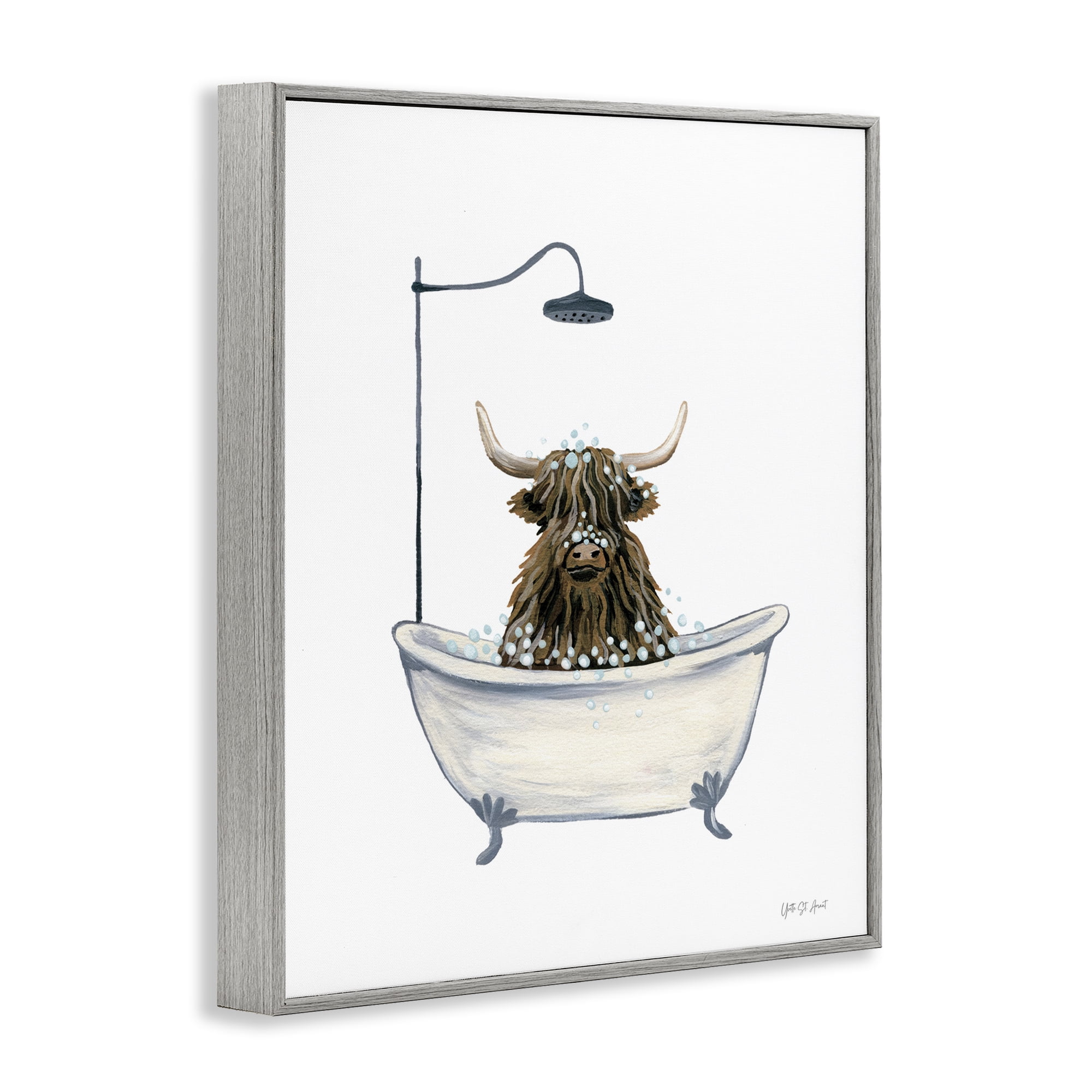 Stupell Industries Highland Cow Bathtub Typography Painting Gray Framed Art Print Wall Art, 24 x 30