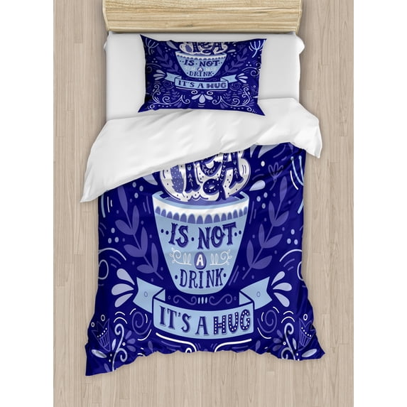 Hug Duvet Cover Set Twin Size, Purple Tones Graphic of Tea is not a Drink It's a Hug Words Floral Ornate and Cup, Decorative 2 Piece Bedding Set with 1 Pillow Sham, Multicolor, by Ambesonne