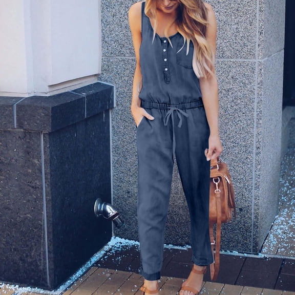 uublik Women's Jeans Jumpsuit Loose Adjustable Strap Denim Bib Overall Jeans Slim Overalls Jumpsuit, Dark Blue