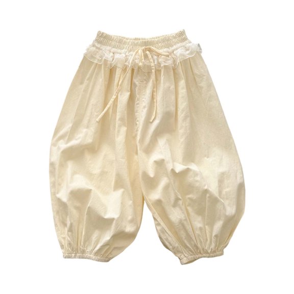 REDARER Girls Lace Trim Balloon Pants, Lightweight Breathable Loose Fit Elastic Waist Summer Trousers for Toddlers & Kids,3-4 Years