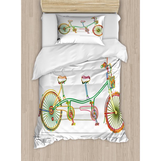 Bicycle Duvet Cover Set, Colorful Tandem Bicycle Design on White