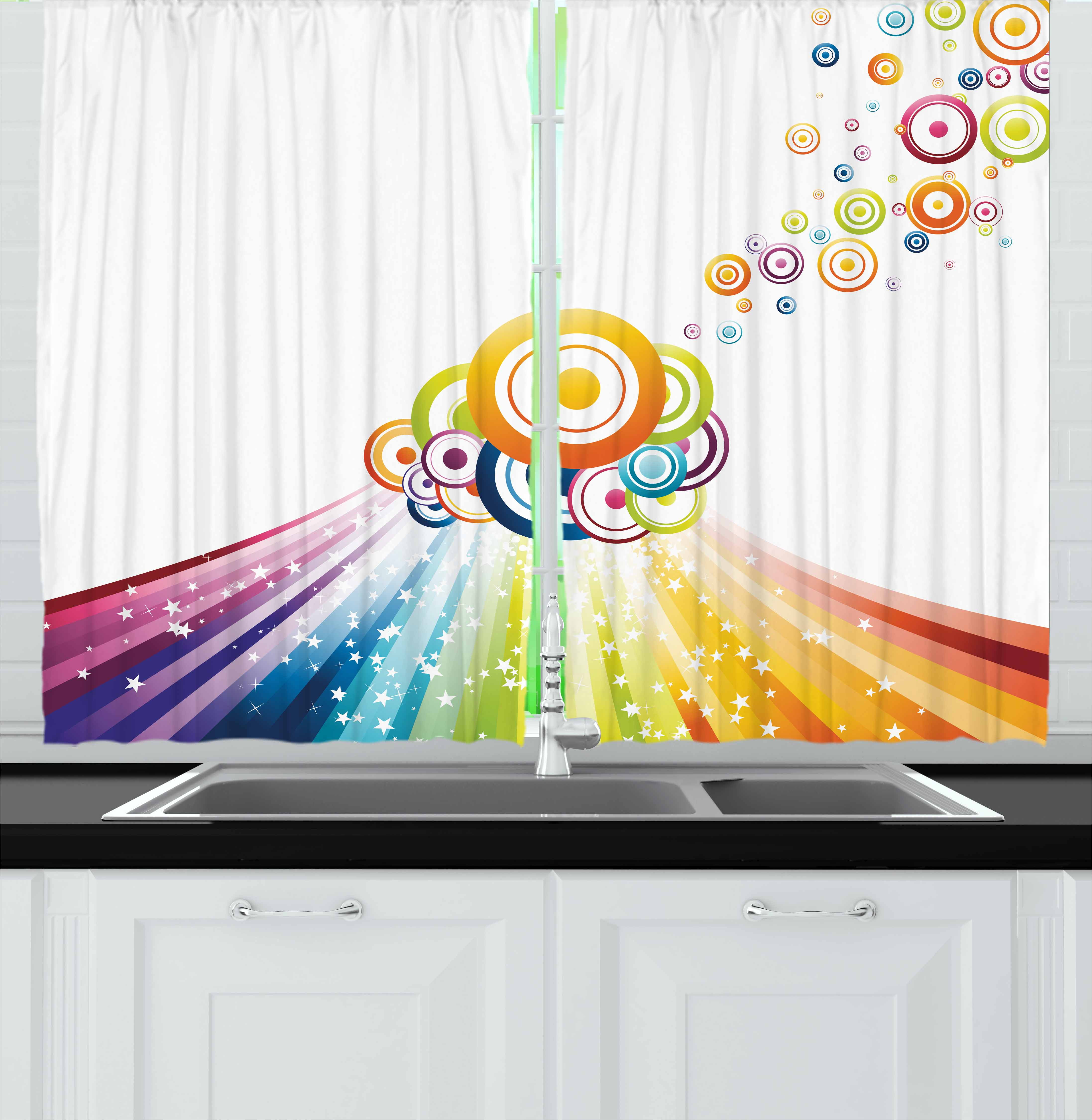 Vintage Rainbow Curtains 2 Panels Set, Colorful Stripes Wave and Bullseye Circles Pattern with