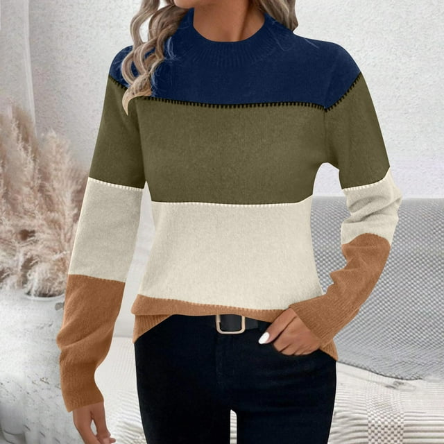 PEONAVET Chandails pour Femmes Mode Féminine Chandail à Manches Longues Col Rond Tricoté