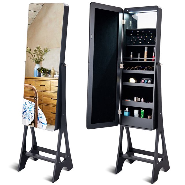 Costway LED Jewelry Cabinet Standing Armoire Organizer w/ Bevel Edge Full Size Mirror