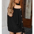 thumbnail image 4 of Camiseta de manga larga de color puro para mujer, blusa holgada informal con estilo y cuello redondo, blusa decorativa con botones para el trabajo diario, negro L, 4 of 6