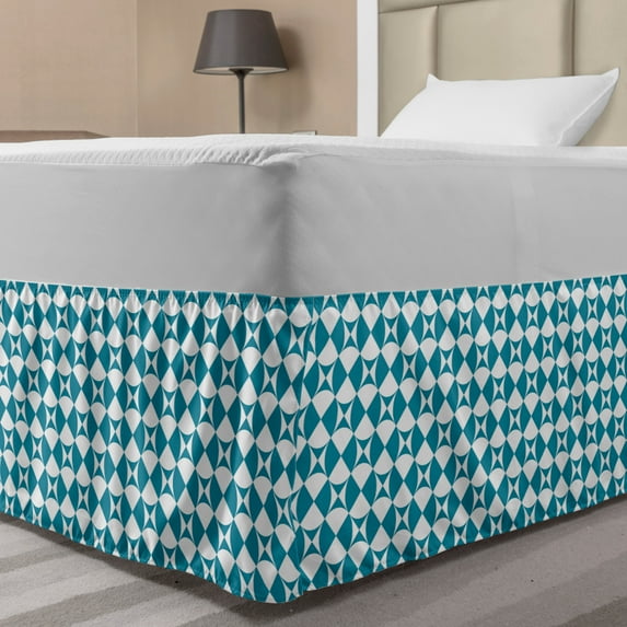 Crazy Art Bed Skirt, Diagonal Circles in Squares Interpretation Graphical Abstract Design, Elastic Bedskirt Dust Ruffle Wrap Around for Bedding Decor, 4 Sizes, Sea Blue and White, by Ambesonne