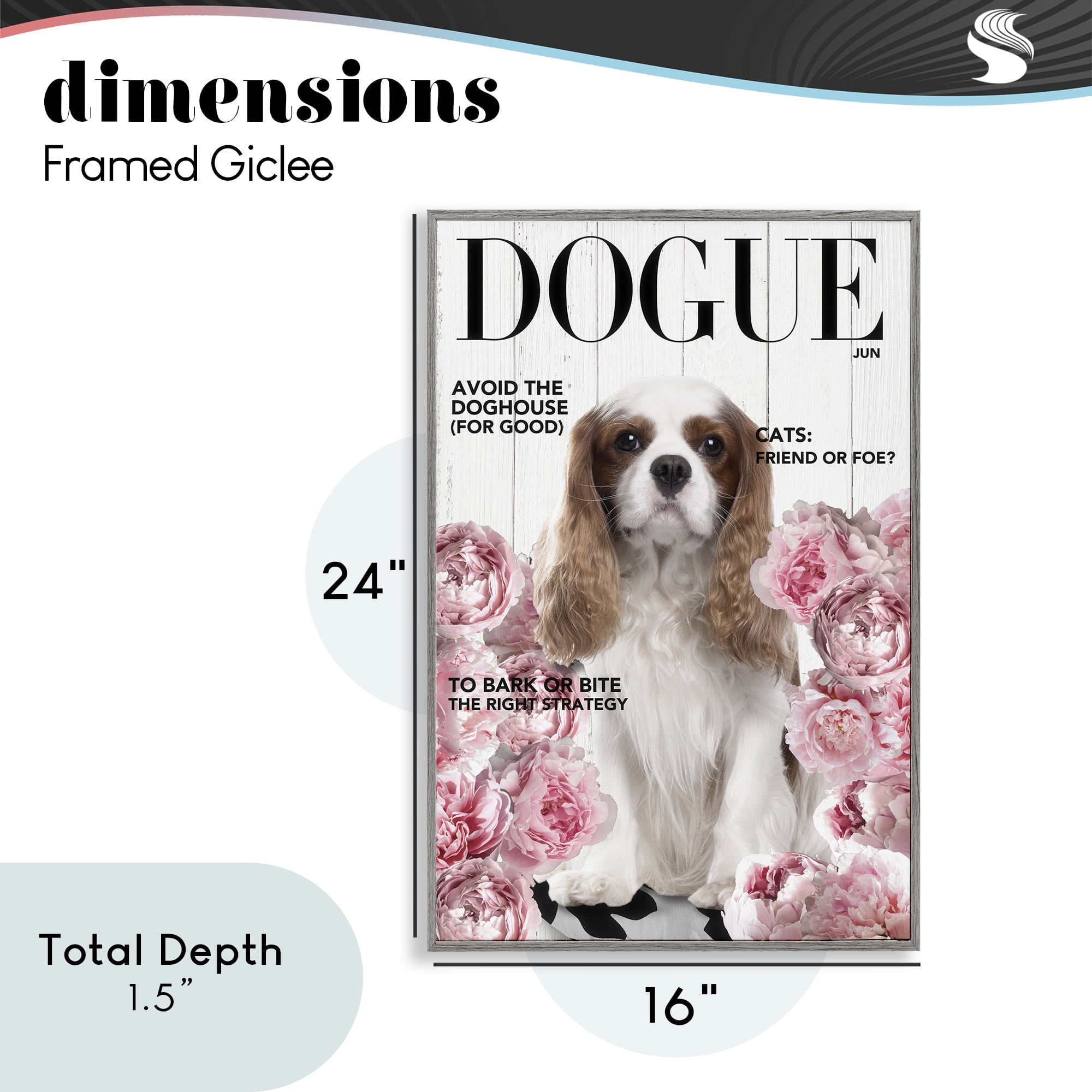 Funny Floral Dog Magazine Gray Framed Giclee Art, design by Sasha