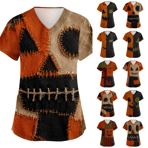 Halloween Scrubs for Women Short Sleeve V Neck Pumpkin Print Nursing Uniform Top with Pockets - Stretch Medical Scrub Shirt