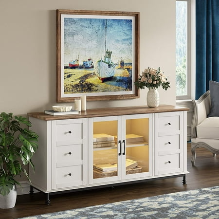 

WBBGEROBIU 58 Coffee Cabinet with Glass Doors Farmhouse Sideboard Buffet Cabinet with Storage for Living Room Dinning Room White/Metal Legs