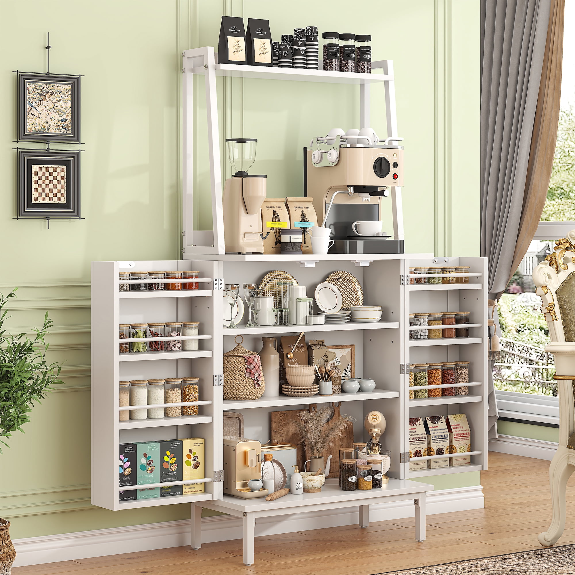 51” Pantry Cabinets with Microwave Shelves, Freestanding Kitchen Pantry Storage Cabinet with Adjustable Shelves, Buffet Cupboards Storage Cabinet for Kitchen, Dining Room, Living Room Use (White)