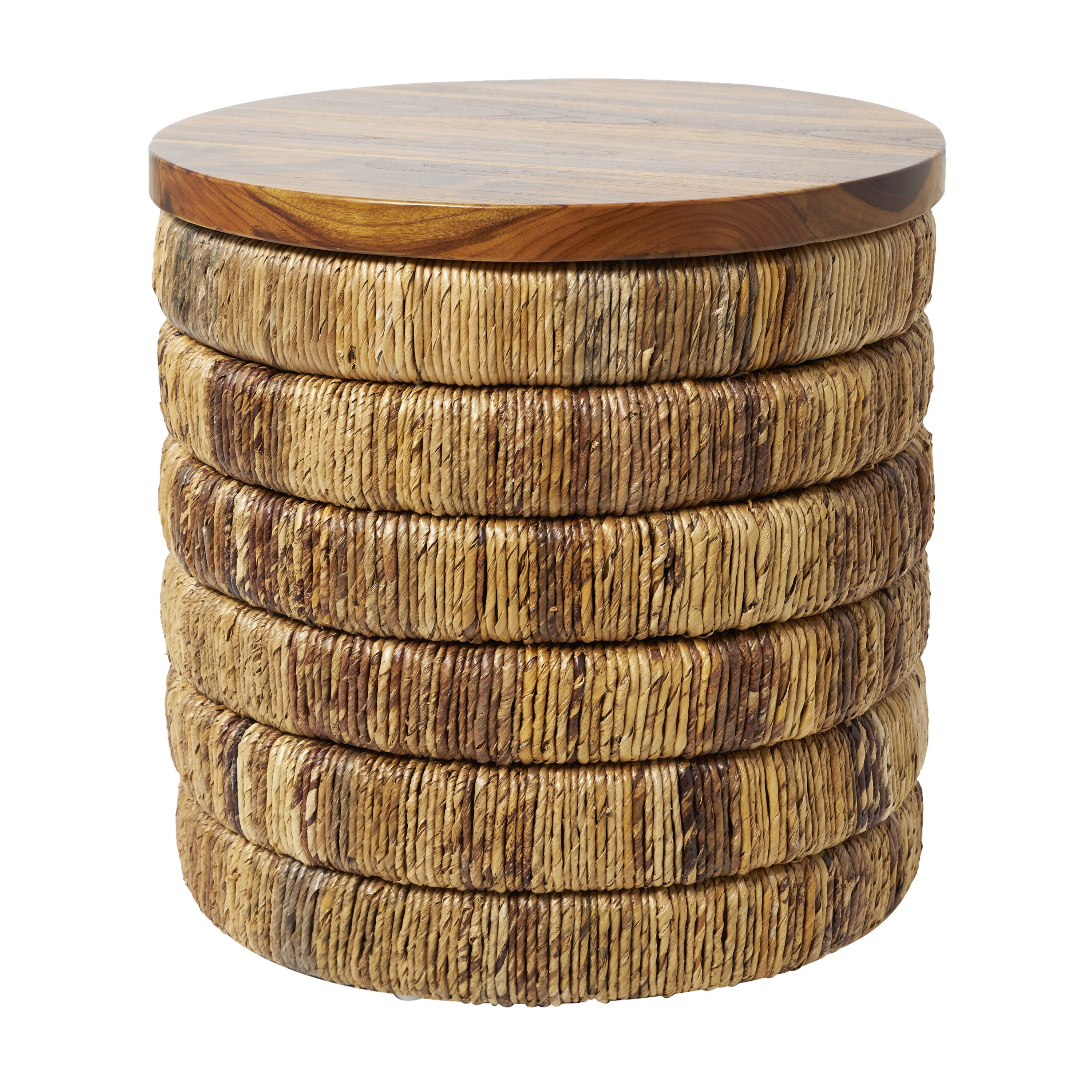 DecMode 18" x 18" Brown Seagrass Handmade Linear Wrapped Accent Table with Teak Wood Top, 1-Piece