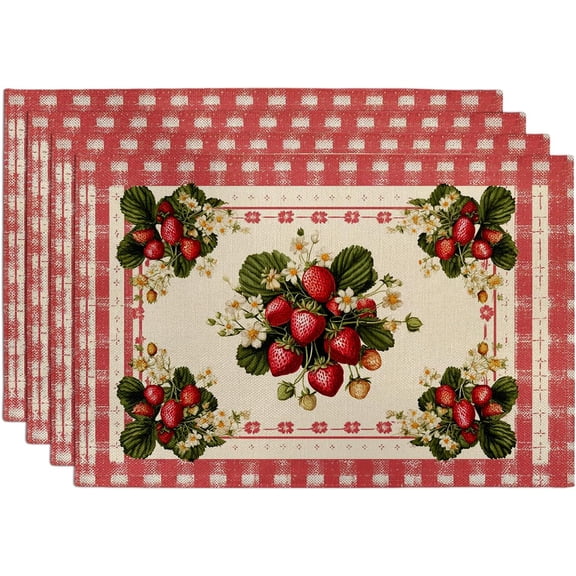 Summer Strawberry Placemat Set, Red Farmhouse Table Mats for Dining, Non-Slip Decorative Indoor Outdoor Use, Washable Table Accessories Set of 4