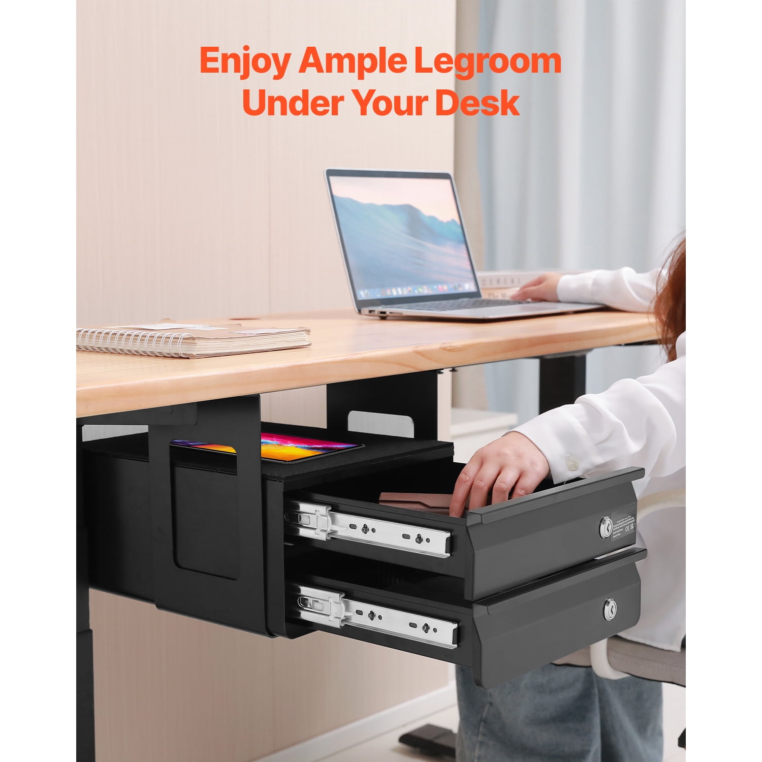 KFFKFF 13" Broad Beneath Desk Compartment, Pull-out Attachment Under Table, Concealed Dual Layer Desktop Organizer, Smooth-rolling Slides, Secure Undermount Stationery Holder for Adjustable Work Desk