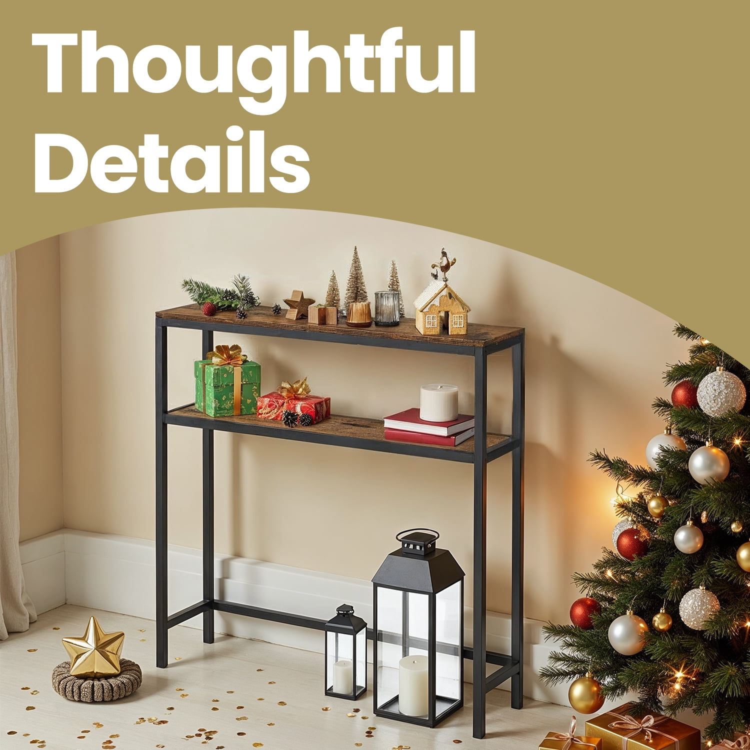LEDREM 31.5" Modern 2-Tier Console Table, Narrow Sofa Table with Adjustable Feet for Entryway, Living Room, Rustic Brown and Black