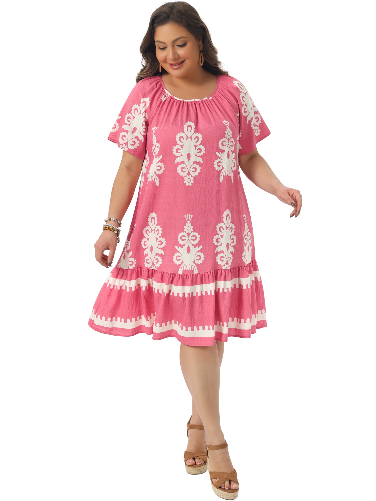 DARING DIVA Women's Plus Size Summer Boho Short Sleeve Flared Midi Dress 4X Pink