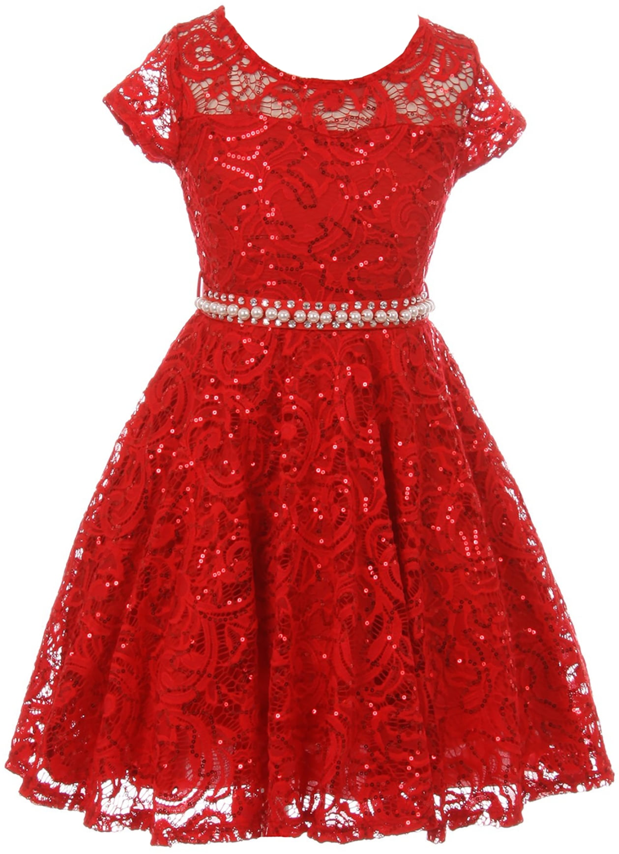 Dreamer P Big Girls' Short Sleeve Lace Glitter Skater Pearl Belt