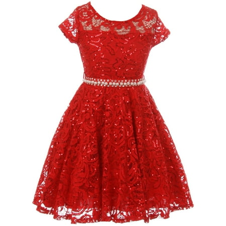 Little Girls Short Sleeve Lace Glitter Skater Pearl Belt Special Occasion Flower Girl Dress Red 2 (Best Special Occasion Dresses)