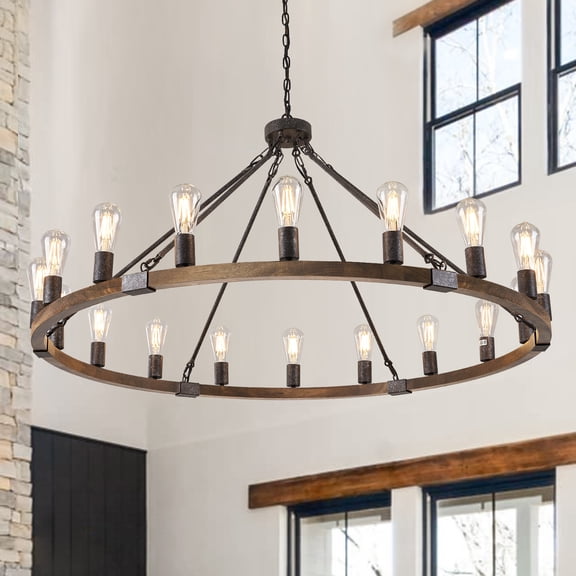 Farmhouse Wagon Wheel Chandelier 47" Black Rustic Light Fixtures 18-Light Wood Round Chandelier for Foyer Living Room Entryway Dining Room