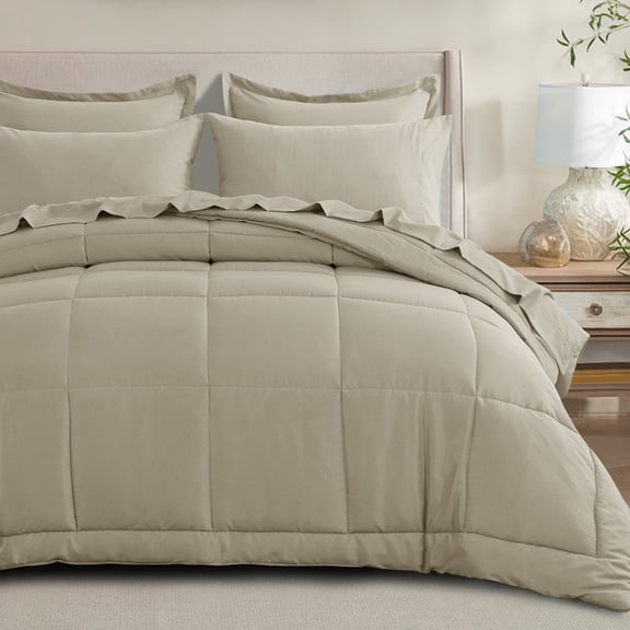 RUIKASI 7 Pieces Khaki Full Bed Comforter Set with Sheets - Bed in a Bag with Comforter and All Season Sheets, Pillowcases